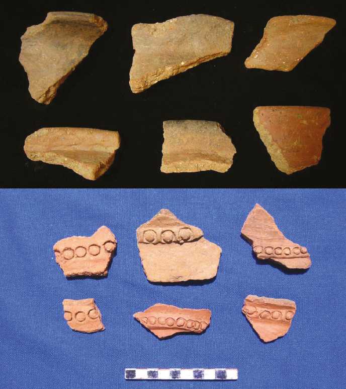 Arriba: bordes de cerámica (cántaro y ollas) de tipo A Tantamayo rojo estampado (estructura 15, nivel 3). Abajo: fragmentos de cerámica aquillpo o Tantamayo subtipo A-1 (colección de superficie) (fotos: Alexis Mantha y Hernando Malca Cardoza ).