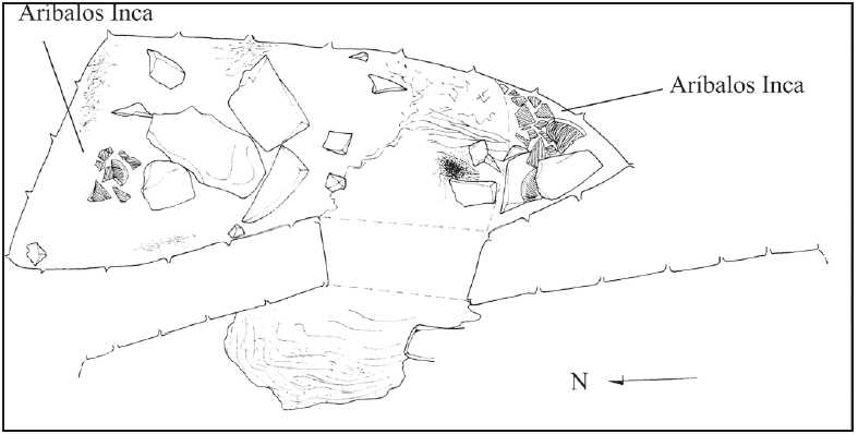 Planta del ambiente posterior (hornacina) en la casa 20. Allí encontramos varios fragmentos de aríbalo incaico, área IV b (dibujo: Hernando Malca Cardoza y Alexis Mantha).
