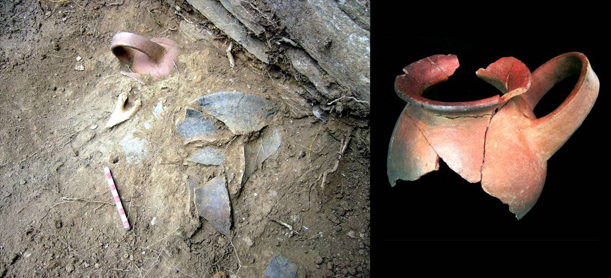 Izquierda: hueso de llama, cerámica incaica de asa única y bordes Tantamayo A (rojo estampado) con residuo de carbón, nivel 2, estructura 30, área ii. Derecha: vasija incaica de asa única, nivel 2, estructura 30, área ii (fotos: Hernando Malca Cardoza).