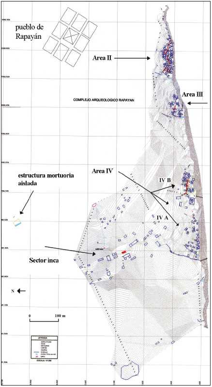 Mapa del complejo arqueológico de Rapayán. El área i, ubicada al este, no aparece aquí (mapa: Alexis Mantha).