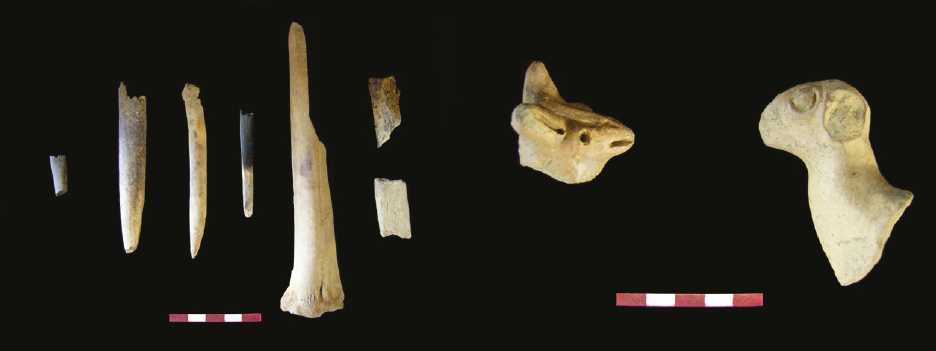 Herramientas de hueso y fragmentos de estatuillas representando cabezas de llama, niveles 5 y 4, estructura 15, área ii (foto: Hernando Malca Cardoza).