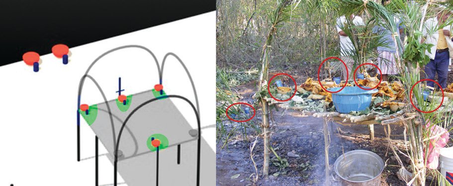 Arrangement of votives candles for the Ch&rsquo;a&rsquo; Ch&aacute;ak ceremonial space
(photo: Manuel May Castillo, 2012). 