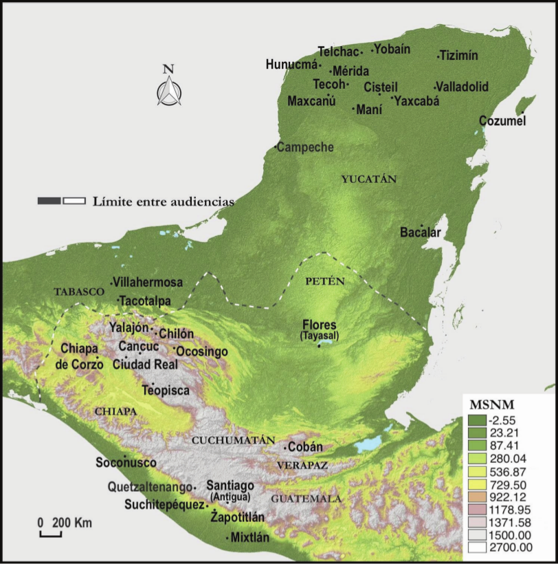 Ubicaci&oacute;n de asentamientos con registro de actividad ritual desem&shy; pe&ntilde;ada por naguales (elaboraci&oacute;n del mapa: Chrystian Reyes Castillo; fuentes:
Gerhard (1991: 14); agi, mp-M&eacute;xico, 115; agi, mp-Guatemala, 225). 