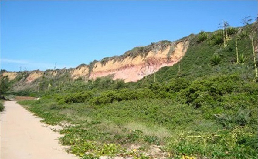 Falésia morta evidenciando faixa de restinga e paleovale à direita.
							Marataízes, ES