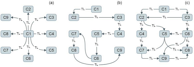 Estruturas t&iacute;picas que os MCs podem apresentar: (a) radial,
									(b) linear e (c) rede. Os exemplos a seguir consideraram as
									especificidades da tarefa apresentada aos alunos (9 conceitos
									com distribui&ccedil;&atilde;o espacial pr&eacute;-definida). CN: r&oacute;tulos
									dos conceitos; TL: termo de liga&ccedil;&atilde;o entre dois
									conceitos.