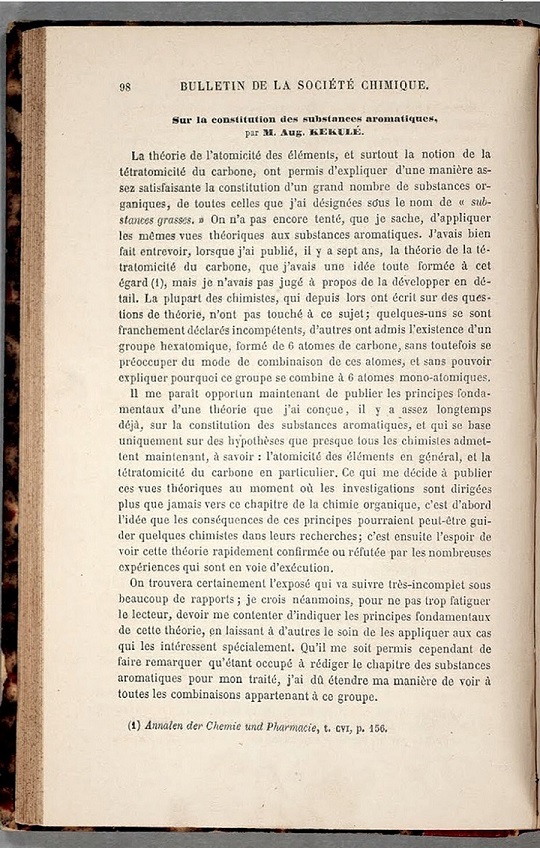 primera página del artículo de 1865 publicado por A. Kekulé con el título: Sur la constitution des substances aromatiques