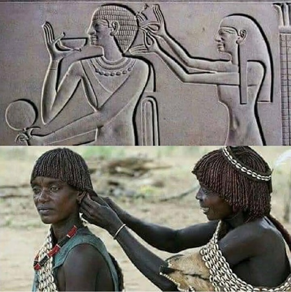 Imagem veiculada na rede social Facebook, que busca mostrar semelhanças
entre produções do Egito antigo e comunidades africanas na
atualidade