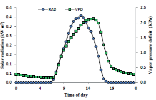 Average solar radiation (RAD) and vapor pressure deficit (VPD) for each time of the day over the study period.