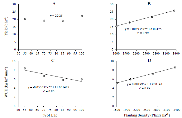 Yield of BRS Platina banana plants under irrigation depths (A), planting densities (B), water-use efficiency (WUE) under irrigation depths (C) and planting densities (D) in the first production cycle. * Significant at a 0.05 significance level by the t-test; ** significant at a 0.01 significance level by the t-test.
