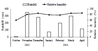 Rainfall and relative humidity data recorded at the Centro de Pesquisa Agropecu�ria, in Rio Verde, Goi�s state, Brazil, from October 2013 to April 2014.