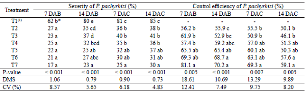 Severity of Asian soybean rust at four evaluation times and control efficiency of the products after sprays of fungicides during the reproductive stage of the crop.