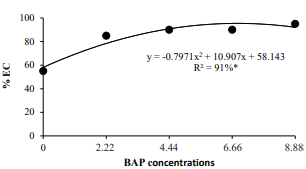 Percentage of leaf explants with calli (% EC) of Physalis peruviana L. cultured in vitro with different 6-benzylaminopurine (BAP) concentrations.