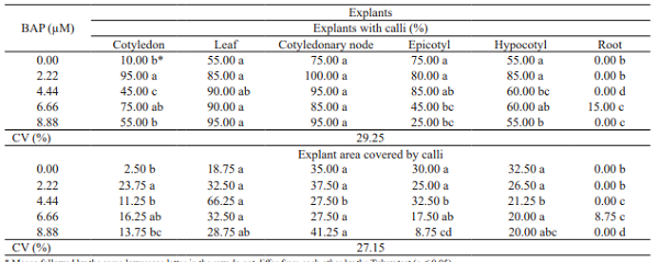 Percentage of explants with calli and explant area covered by calli in Physalis peruviana L. grown in Murashige & Skoog � medium with different 6-benzylaminopurine (BAP) concentrations.