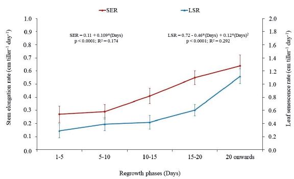 Relationship between stem elongation (SER, circles) and leaf senescence (LSR, triangles) rates of U. decumbens cv. Basilisk along the regrowth, during late spring and summer. Bars represent the standard error of the means.