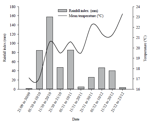 Rainfall index (mm) and average air temperature (C), mean of every ten days, from sowing to harvest of the common bean crop.