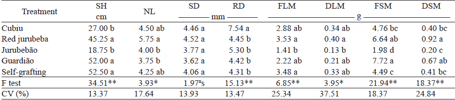 Seedlings height (SH), number of leaves (NL), scion diameter (SD), rootstock diameter (RD), fresh stem mass (FSM), fresh leaf mass (FLM), dry stem mass (DSM) and dry leaf mass (DLM) of tomato seedlings grafted onto Solanaceae rootstocks, at 15 days after grafting.