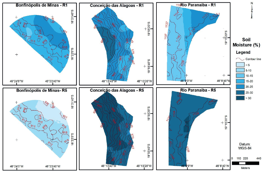 Soil moisture in the crops under study (R1 and R5 stages) and contour lines.
