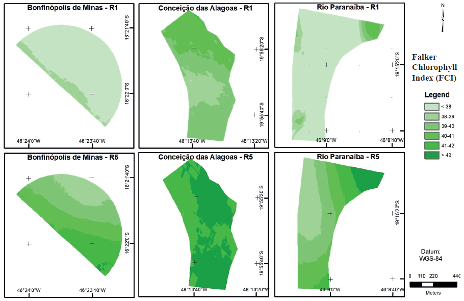 Falker Chlorophyll Index (FCI) for the crops under study (R1 and R5 stages).