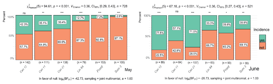 Fusarium head blight incidence on six wheat genotypes, for two seeding dates.