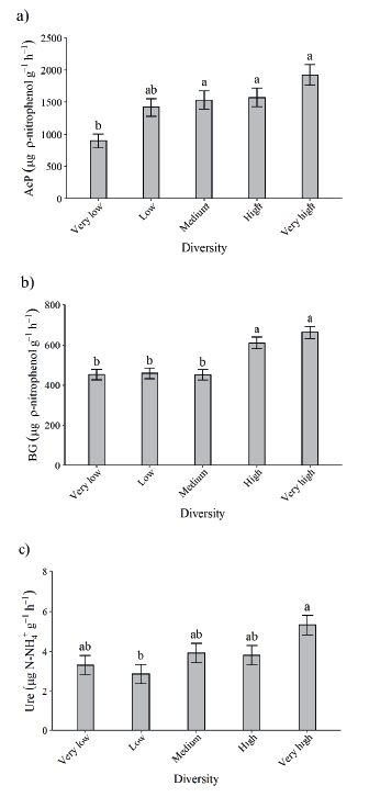 Acid phosphatase (AcP) (a), β-glucosidase (BG) (b) and urease (Ure) (c) enzyme activities in the soil, during the flowering of the soybean crop, after intercropping with plants via integrated crop-livestock system (means followed by the same letter do not differ among each other by the Tukey test at 5 %. Very low diversity: no- tillage Paiagus without animal grazing; low diversity: no-tillage Paiagus; medium diversity: no-tillage Paiagus and cowpea bean; high diversity: no-tillage Paiagus, cowpea bean and niger; very high diversity: no-tillage Paiagus, cowpea bean, niger, buckwheat and forage turnip).