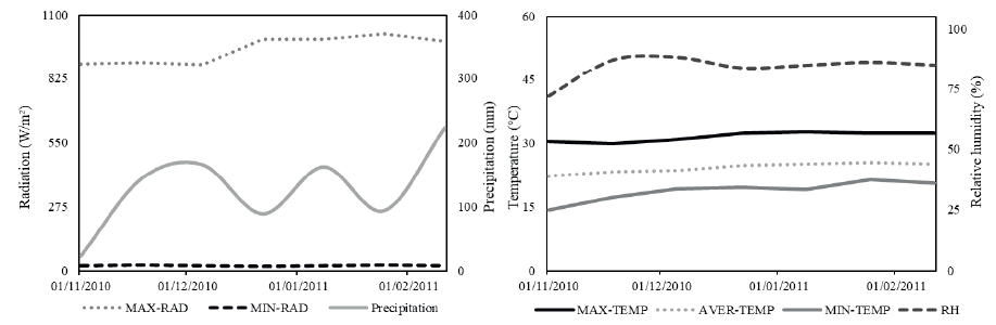 Precipitation accumulated every 15 days, minimum and maximum radiation (a), relative air humidity, and minimum, average and maximum temperatures (b), during the experiment (November 2010 to February 2011).