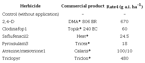 Treatments consisting of the post-emergence application of herbicides, alone or in mixtures, in the experiment 2 (Palotina, Paran&aacute; state, Brazil, 2020).