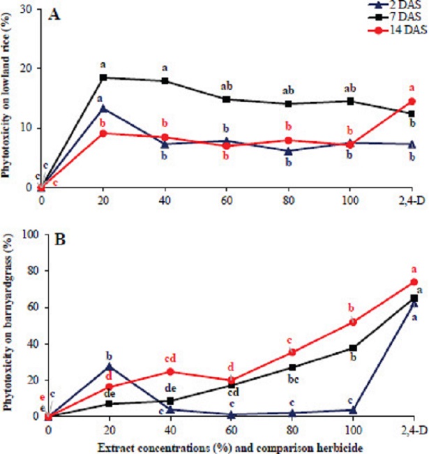 Effect of extract concentrations of Mikania
micrantha and comparison herbicide (2,4-D dimethyl amine)
on the phytotoxicity of lowland rice (A) and barnyardgrass (B).
Different letters on the graph indicate a significant effect by the
Duncan’s multiple range test at p < 0.05. DAS: days after
spraying.