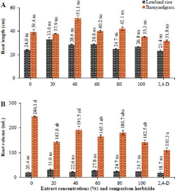 Effect of extract concentrations of Mikania
micrantha and comparison herbicide (2,4-D dimethyl amine)
on root length (A) and root volume of lowland rice and barnyardgrass
(B). Different letters for each species (lowland rice and barnyardgrass)
on the graph indicate a significant effect by the Duncan’s multiple
range test at p < 0.05. ns: not significant. The vertical lines on
the graph indicate the standard error.