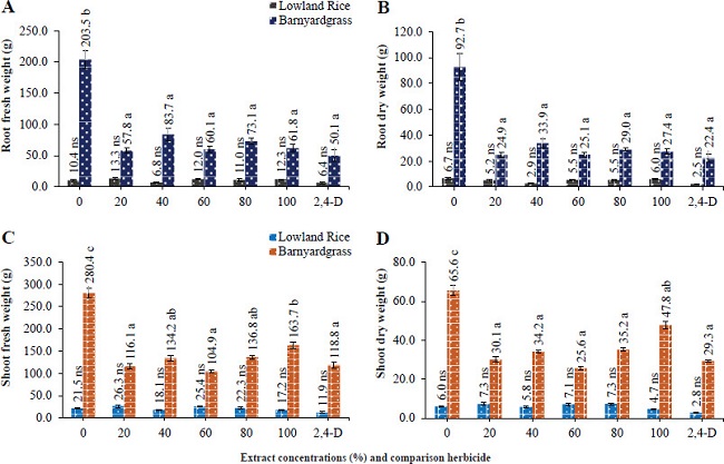 Effect of extract concentrations of Mikania
micrantha and comparison herbicide (2,4-D dimethyl amine)
on root fresh weight (A), root dry weight (B), shoot fresh weight (C)
and shoot dry weight (D) in lowland rice and barnyardgrass. Different
letters for each species (lowland rice and barnyardgrass) on the graph
indicate a significant effect by the Duncan’s multiple range test at p
< 0.05. ns: not significant. The vertical lines on the graph indicate
the standard error.