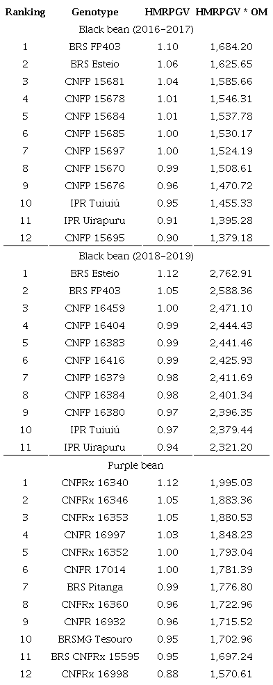 Adaptability and stability (HMRPGV and HMRPGV * OM) of predicted genetic values for grain yield of black and purple bean genotypes evaluated in the Rio de Janeiro State, from 2016 to 2019.