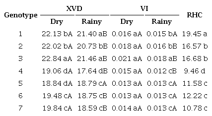 Mean values of the phloem and xylem area (PA, XA - μm2), diameter (XVD - μm), frequency (XVF), vulnerability index (VI) and relative hydraulic conductivity (RHC - μm4 1 0 6) evaluated in Coffea arabica L. genotypes in two seasonal periods.