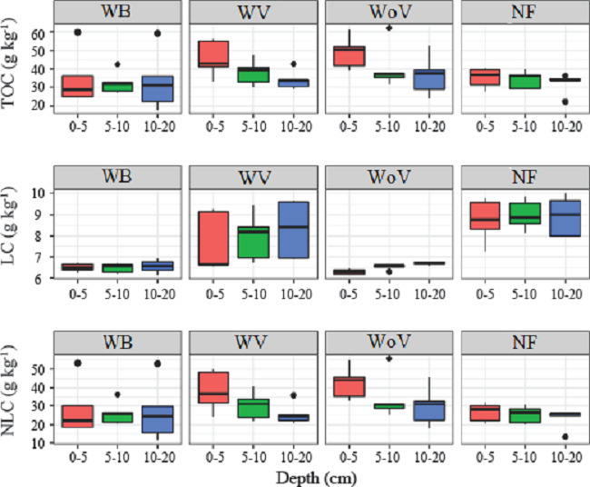 Soil labile carbon (LC), non-labile carbon (NLC) and total organic
                            carbon (TOC), at diferent depths, with diferent use systems (WB: with
                            burning; WV: with vinasse; WoV: without vinasse; NF: native
                            forest).