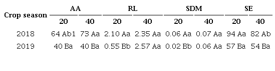Accelerated aging (AA; %), root length (RL; cm), shoot dry matter (SDM;
                        g) and seedling emergence (SE; %) of Crotalaria spectabilis seeds produced
                        under two sowing spacings (cm) and in two crop seasons.