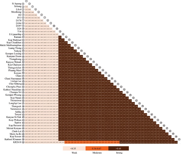 Pearson&rsquo;s correlation among durian (Durio zibethinus Murr.) cultivars
                            from South Kalimantan, Indonesia, and other cultivars.