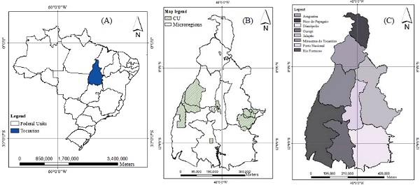 Location of the Tocantins state (A) and its main conservation units (CU; B) and
       microregions (C).