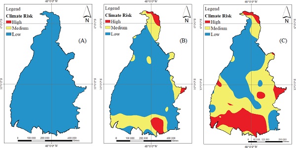 Low, medium and high climate risk areas for the historical rainfall and temperature
       series observed between 1986 and 2017 (A), and estimated by the MIROC5 model between 2021 and
       2050 for the RCP 4.5 (B) and RCP 8.5 (C) scenarios.