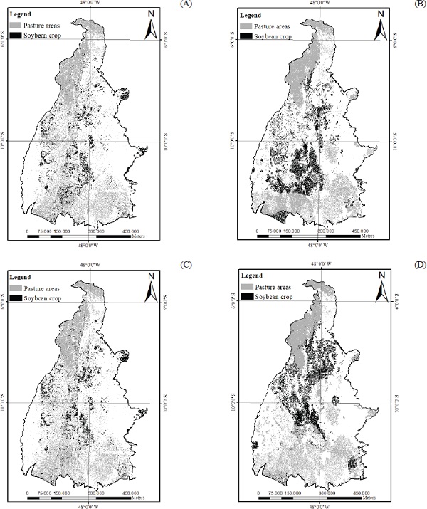 Soybean crop MIROC5 model estimation in the Tocantins state for the RCP 4.5 scenario in
       2020 (A) and 2050 (B), and RCP 8.5 in 2020 (C) and 2050 (D).