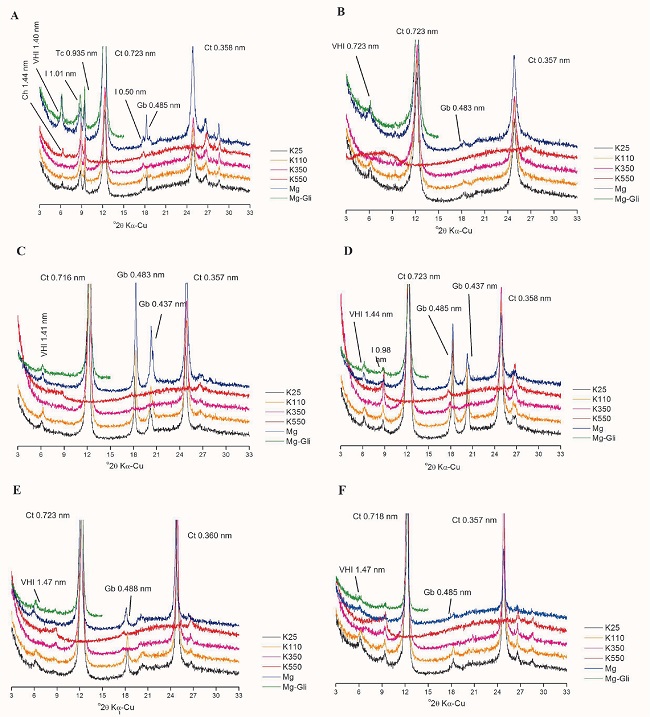 X-ray diffractograms from clay fraction of Brazilian Savanna soils.
							A) washed sand; B) Gleissolo Melânico distrófico (Typic Humaquept); C)
							Latossolo Vermelho ácrico (Rhodic Acrustox); D) Latossolo Vermelho
							distrófico (Rhodic Haplustox); E) Neossolo Quartzarênico órtico (Typic
							Quartzpsamment); F) Neossolo Flúvico Tb distrófico (Fluventic
							Dystrustept). Ct: caulinite; Gi: gibbsite; VHI: vermiculite hydroxy
							interlayer; I: ilite; Tc: talc. K25: sample saturation with KCl at 25
							ºC; K110: sample saturation with KCl at 110 ºC; K350: sample saturation
							with KCl at 350 ºC; K550: sample saturation with KCl at 550 ºC; Mg:
							sample saturation with MgCl2 at room temperature; Mg-Gli:
							sample saturation with MgCl2 and solvation with glycerol at
							room temperature.