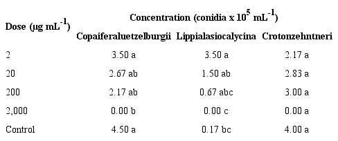 Concentration of Colletotrichum siamense conidia in
						doses of Copaifera luetzelburgii, Lippia lasiocalycina and
							Croton zehntneri extracts.
