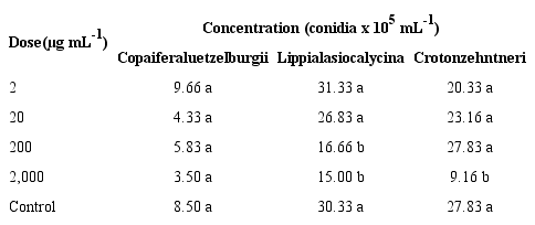 Concentration of Fusarium udum conidia in doses of
							Copaifera luetzelburgii, Lippia lasiocalycina and
							Croton zehntneri extracts.
