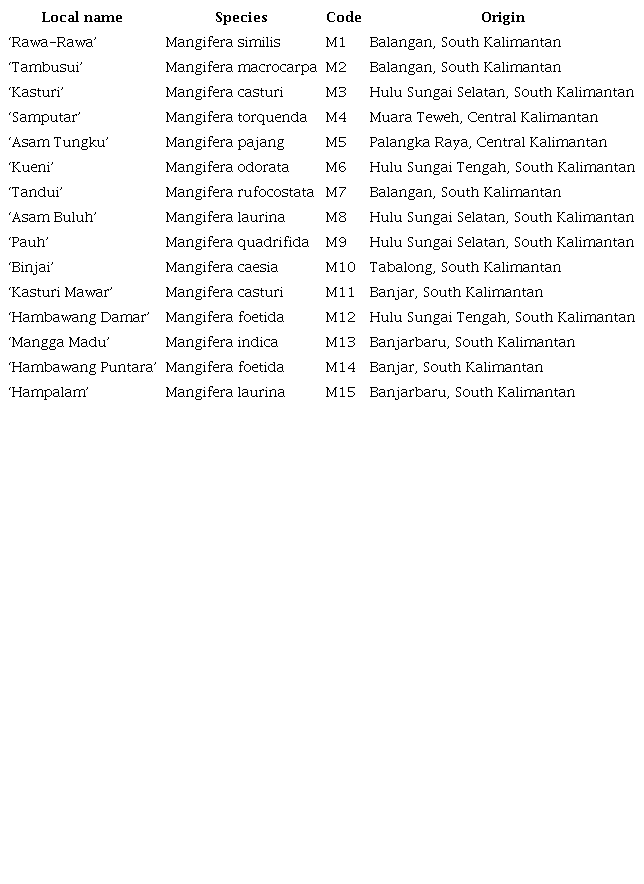 Samples of the Mangifera used in this study, including
                        local names and origins.