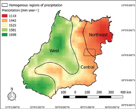 Thematic map of rainfall distribution in the Goiás state and the Federal District
       (Brazil) grouped by zones with lower average variability.