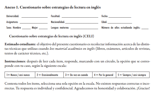Cuestionario sobre estrategias de lectura en inglés