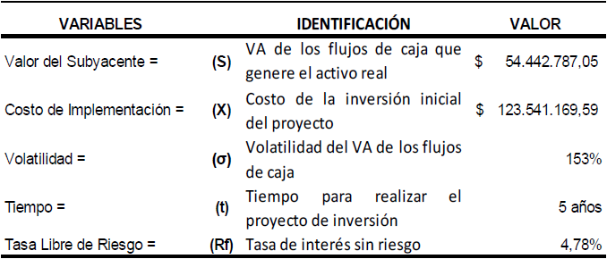 Variables para el clculo de las opciones reales