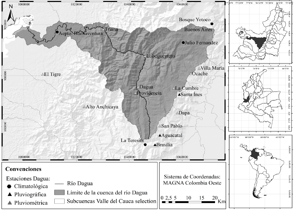 Localizaci&oacute;n de la cuenca y de las estaciones seleccionadas para el estudio