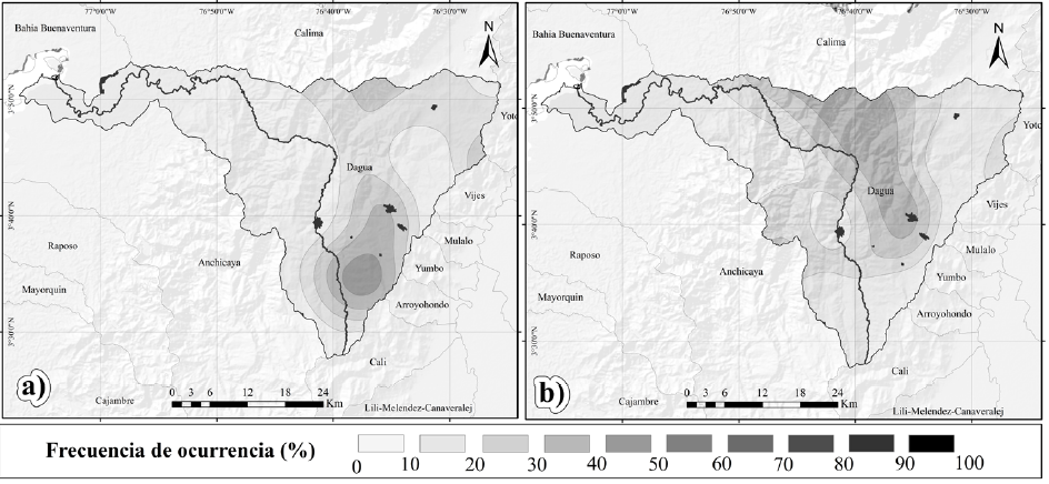 Frecuencia de ocurrencia (%) de sequ&iacute;a fuerte: a) Agrupaci&oacute;n semestral, b) Agrupaci&oacute;n anual