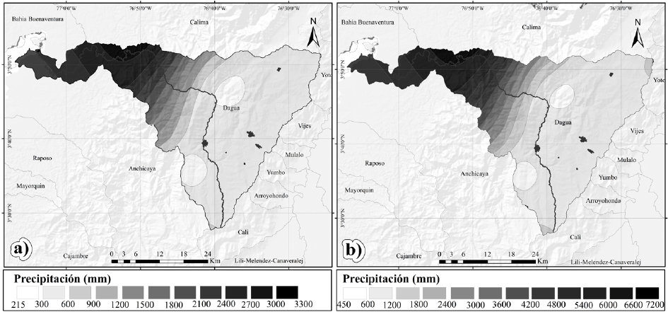 Umbrales de precipitaci&oacute;n m&iacute;nimos: a) Agrupaci&oacute;n semestral, b) Agrupaci&oacute;n anual