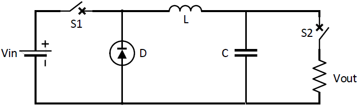 Circuito equivalente convertidor buck con una carga resistiva conmutada a alta frecuencia