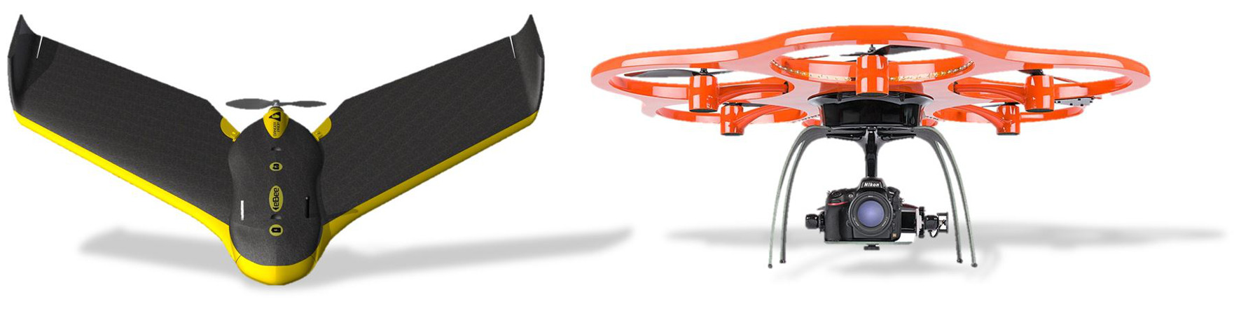 Sistemas UAV para fotogrametría de acuerdo al tipo de
vuelo. (Izq) Ala fija, (Der) ala rotatoria o multirotor.