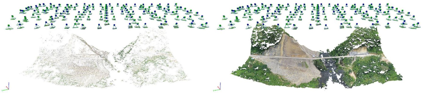 Nube de puntos dispersa (izq.) y densa
(der.). SoftwarePostflight 3D – Sensefly